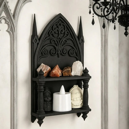 Gothic Church-Shaped Double Layer Wall Shelf – crystal storage display for Wiccan Pagan altar decor