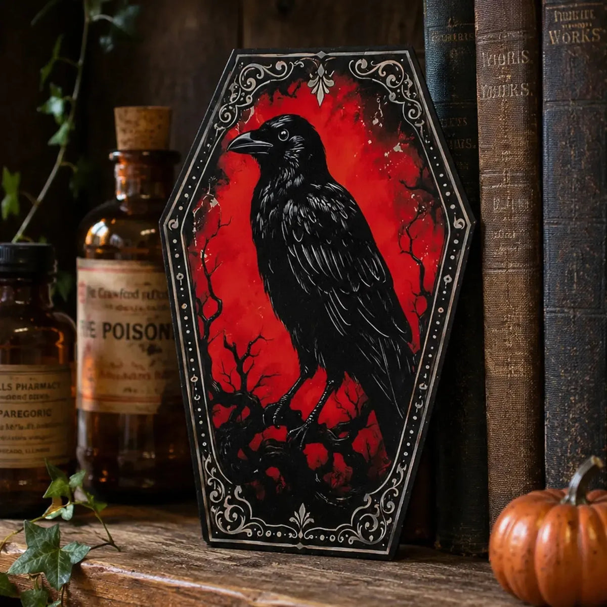 Gothic Coffin Table Sign, Skull Ghost Raven Halloween Decor, product view 13 of 20