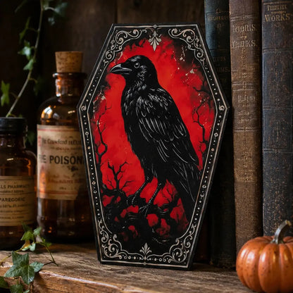 Gothic Coffin Table Sign, Skull Ghost Raven Halloween Decor, product view 13 of 20