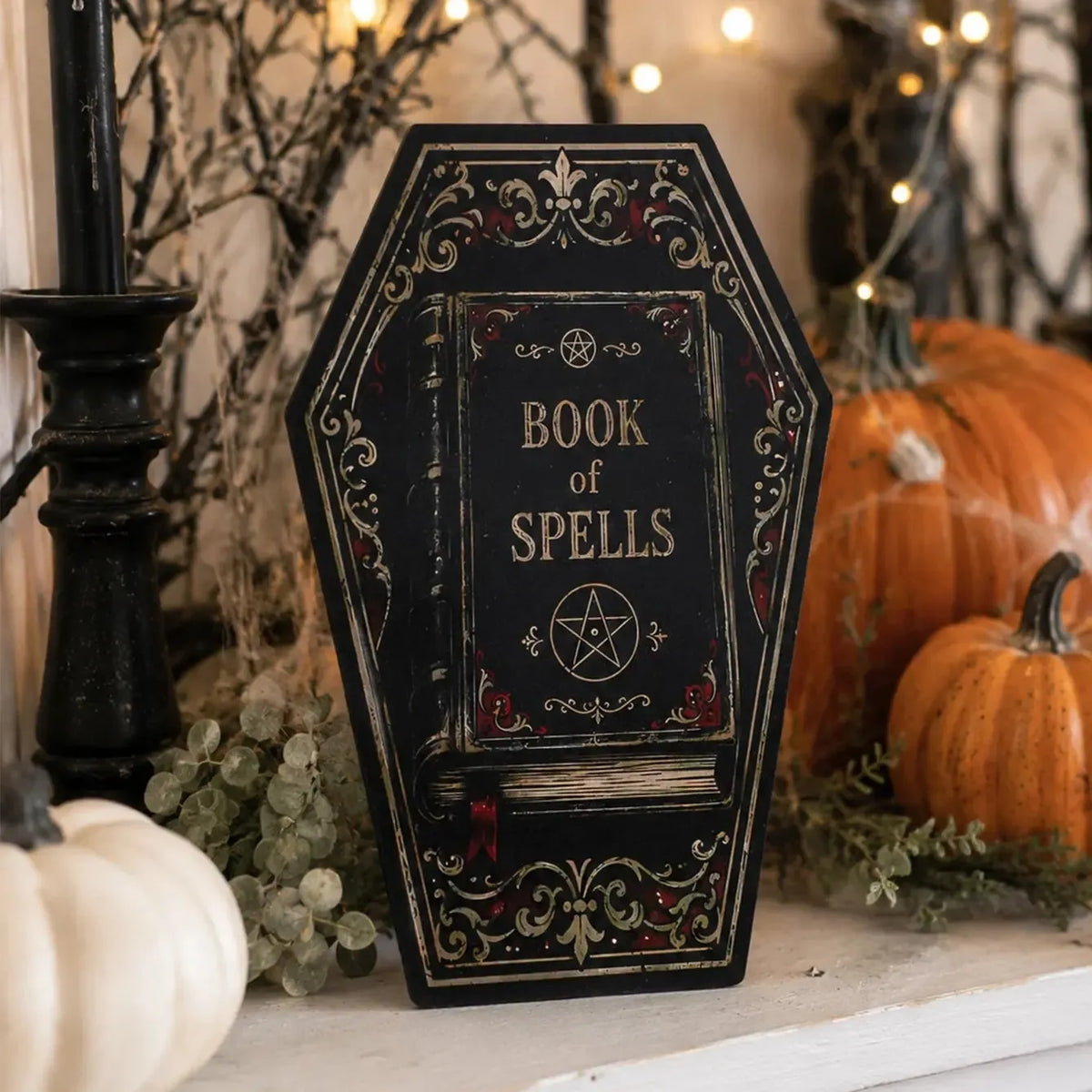 Gothic Coffin Table Sign, Skull Ghost Raven Halloween Decor, product view 6 of 20
