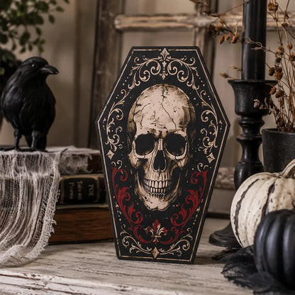 Gothic Coffin Table Sign, Skull Ghost Raven Halloween Decor, product view 9 of 20