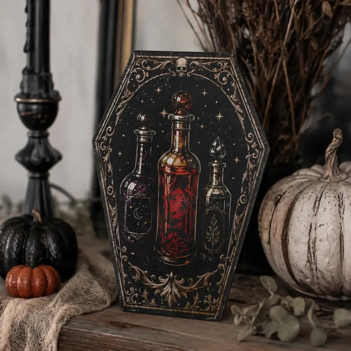Gothic Coffin Table Sign, Skull Ghost Raven Halloween Decor, product view 10 of 20