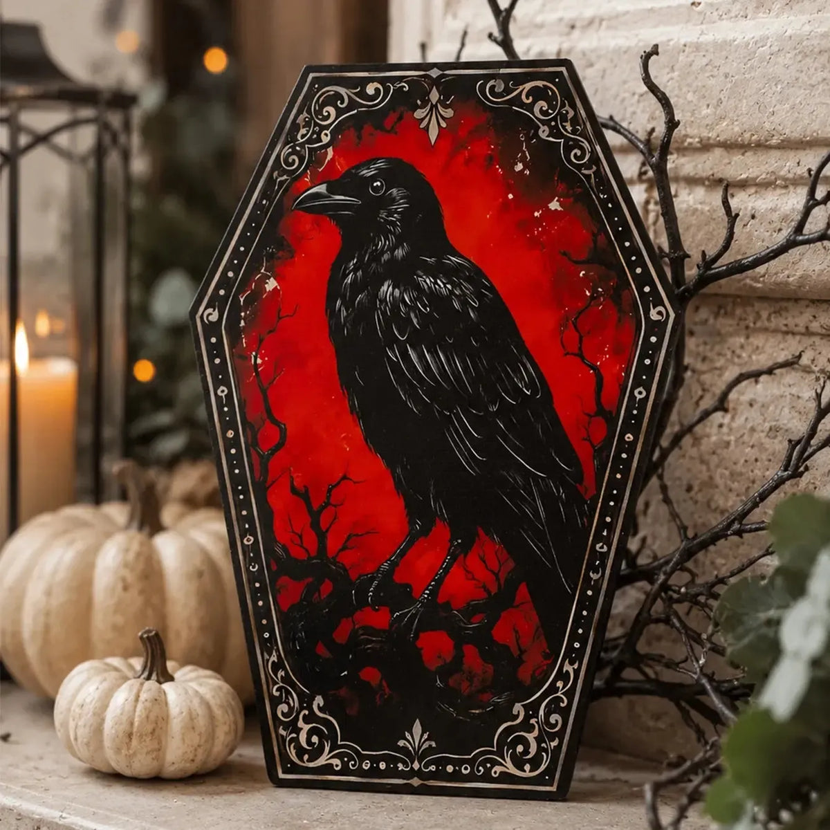 Gothic Coffin Table Sign, Skull Ghost Raven Halloween Decor, product view 12 of 20