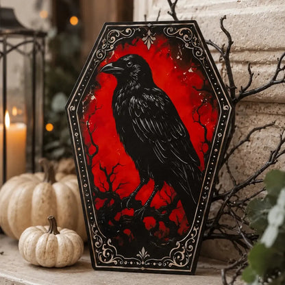 Gothic Coffin Table Sign, Skull Ghost Raven Halloween Decor, product view 12 of 20