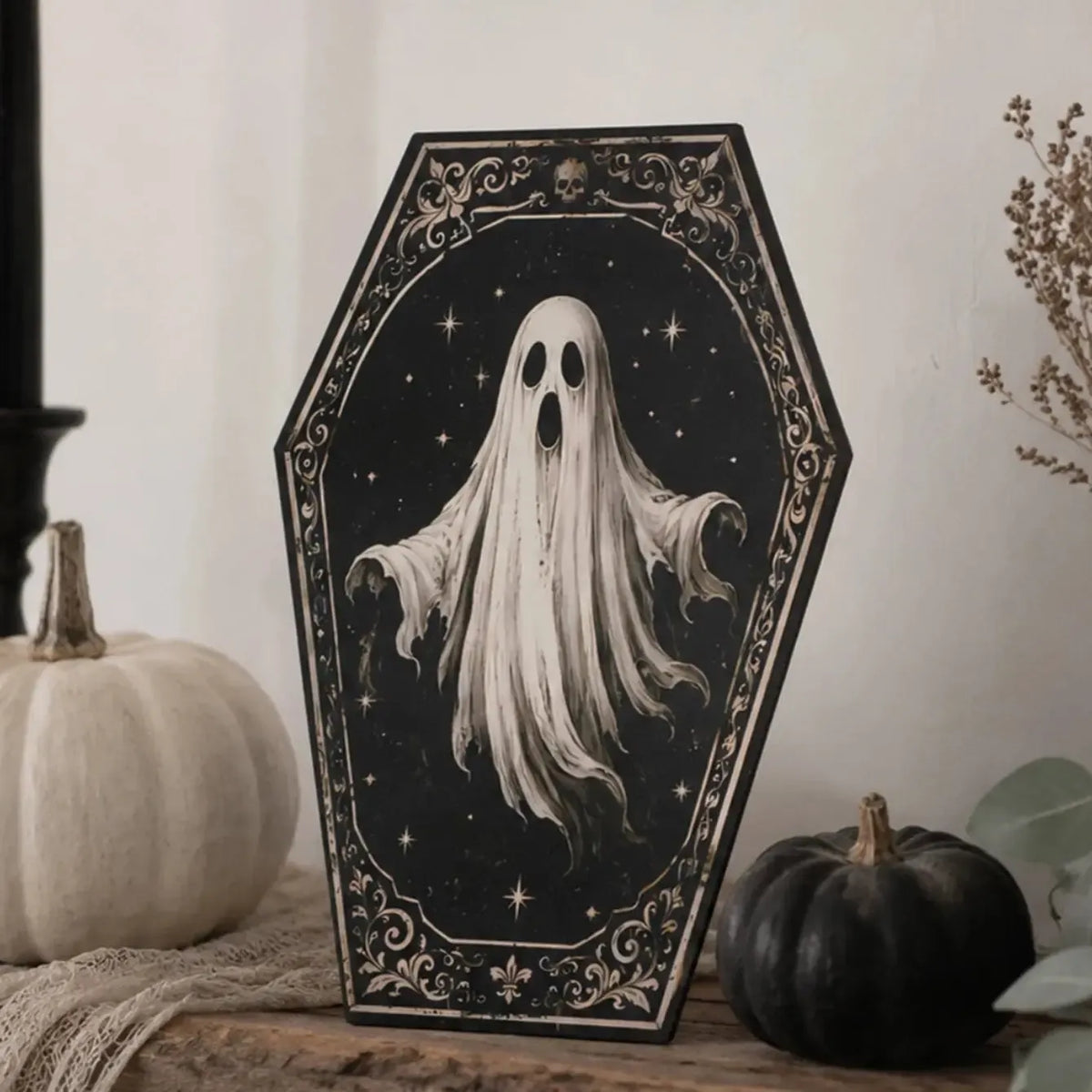 Gothic Coffin Table Sign, Skull Ghost Raven Halloween Decor, product view 15 of 20