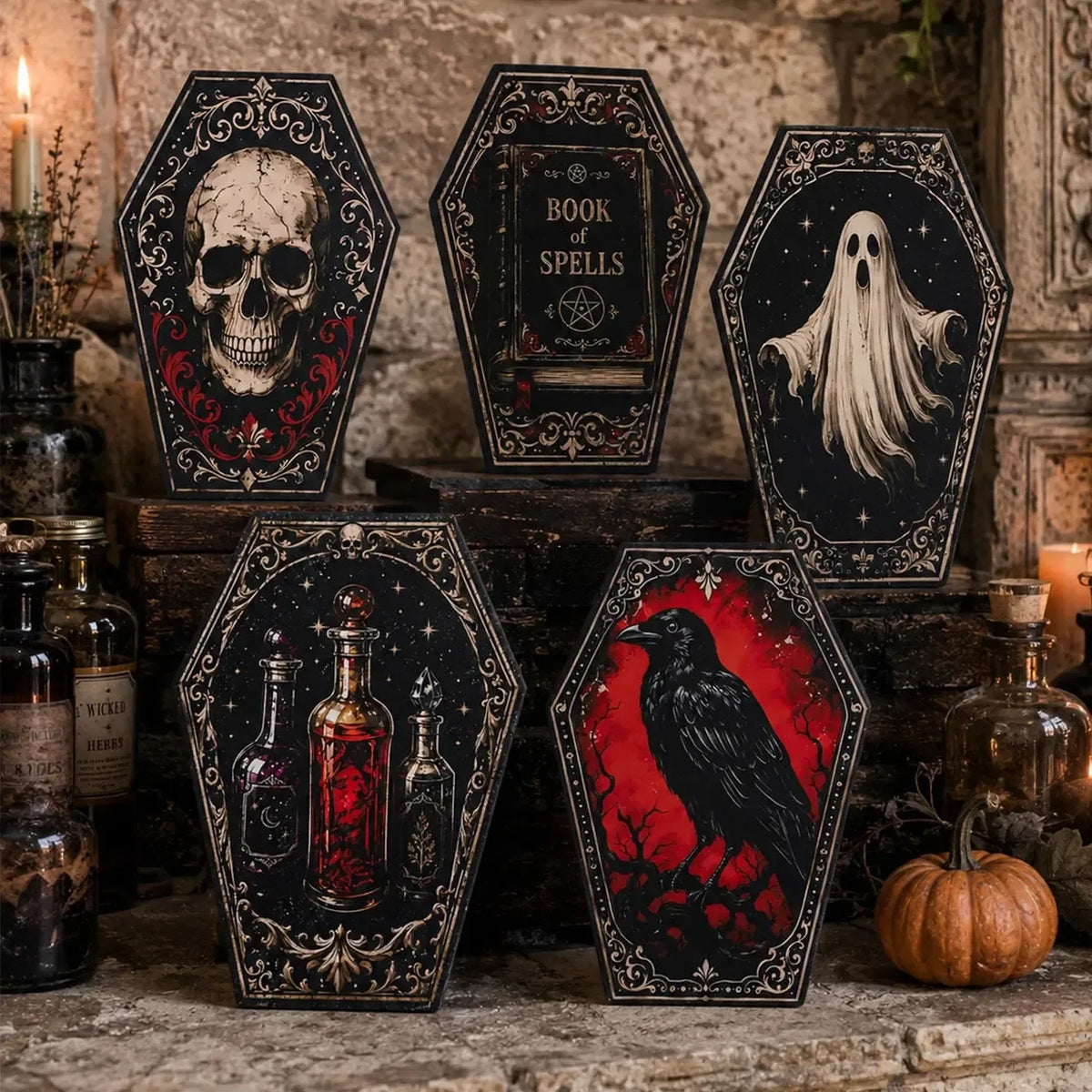 Gothic Coffin Table Sign, Skull Ghost Raven Halloween Decor, product view 2 of 20