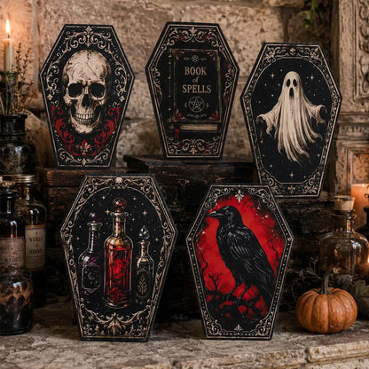 Gothic Coffin Table Sign, Skull Ghost Raven Halloween Decor, product view 2 of 20