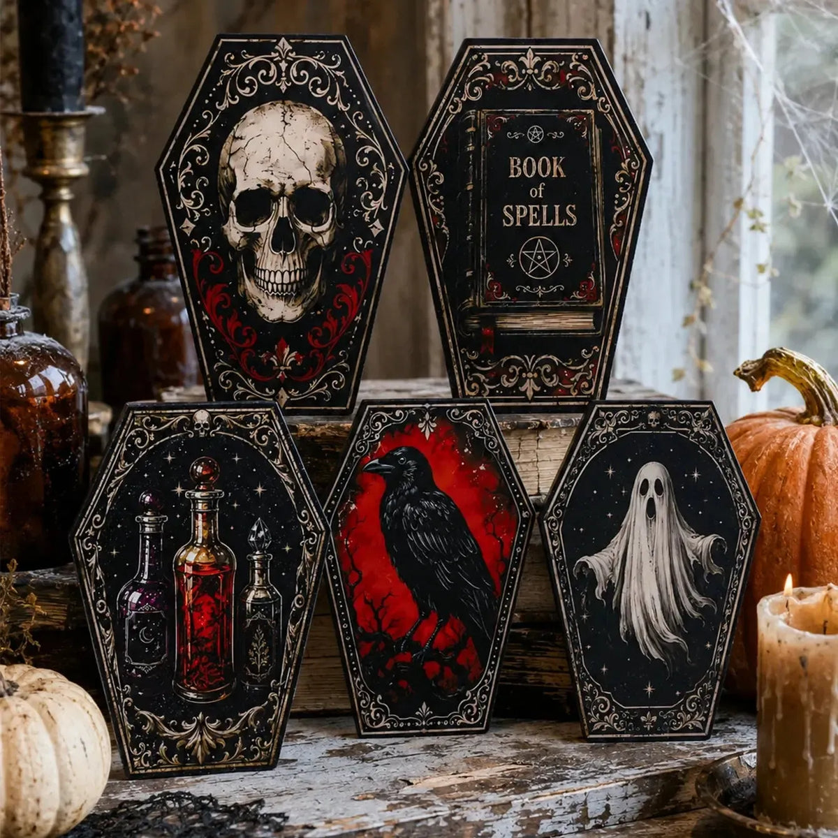 Gothic Coffin Table Sign, Skull Ghost Raven Halloween Decor, product view 1 of 20