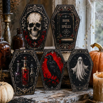 Gothic Coffin Table Sign, Skull Ghost Raven Halloween Decor, product view 1 of 20