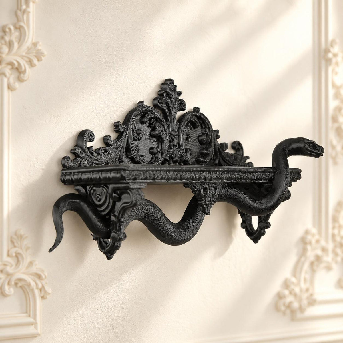 Gothic Coiled Snake Wall Shelf for Crystal Display — view 3 showing carved details in a bright gothic vintage setting