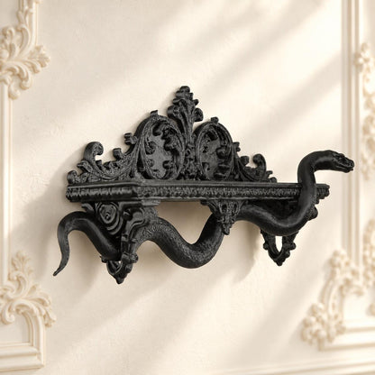 Gothic Coiled Snake Wall Shelf for Crystal Display — view 3 showing carved details in a bright gothic vintage setting