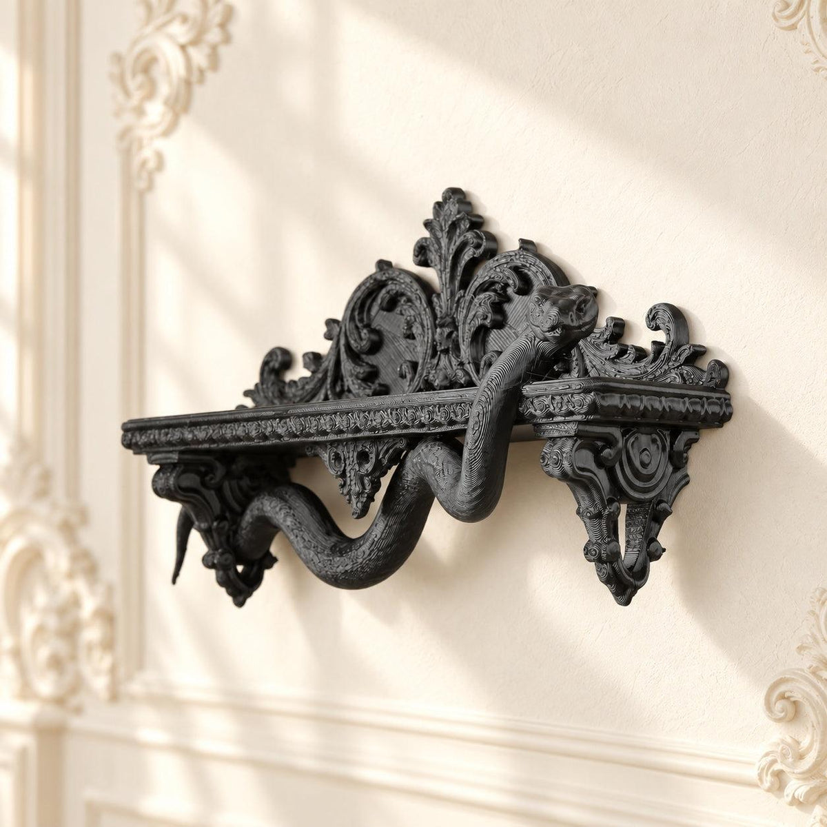 Gothic Coiled Snake Wall Shelf for Crystal Display — view 2 showing carved details in a bright gothic vintage setting