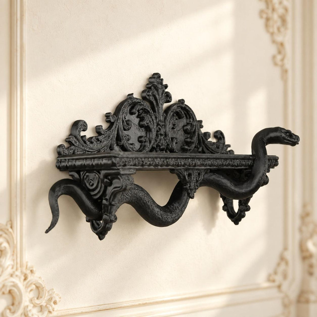 Gothic Coiled Snake Wall Shelf for Crystal Display — view 4 showing carved details in a bright gothic vintage setting