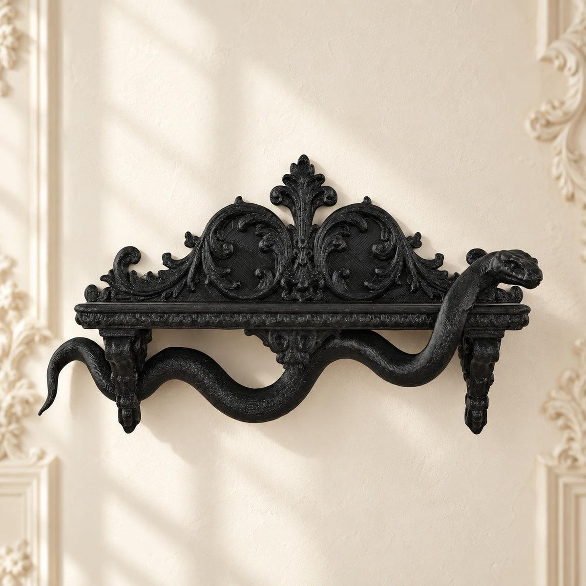 Gothic Coiled Snake Wall Shelf for Crystal Display — view 1 showing carved details in a bright gothic vintage setting