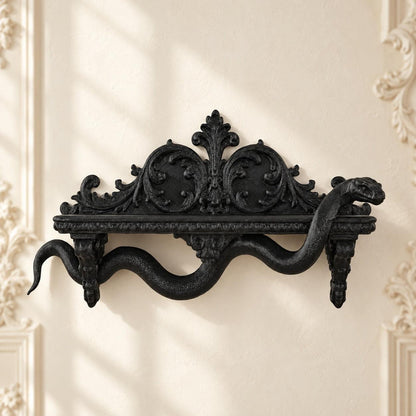 Gothic Coiled Snake Wall Shelf for Crystal Display — view 1 showing carved details in a bright gothic vintage setting