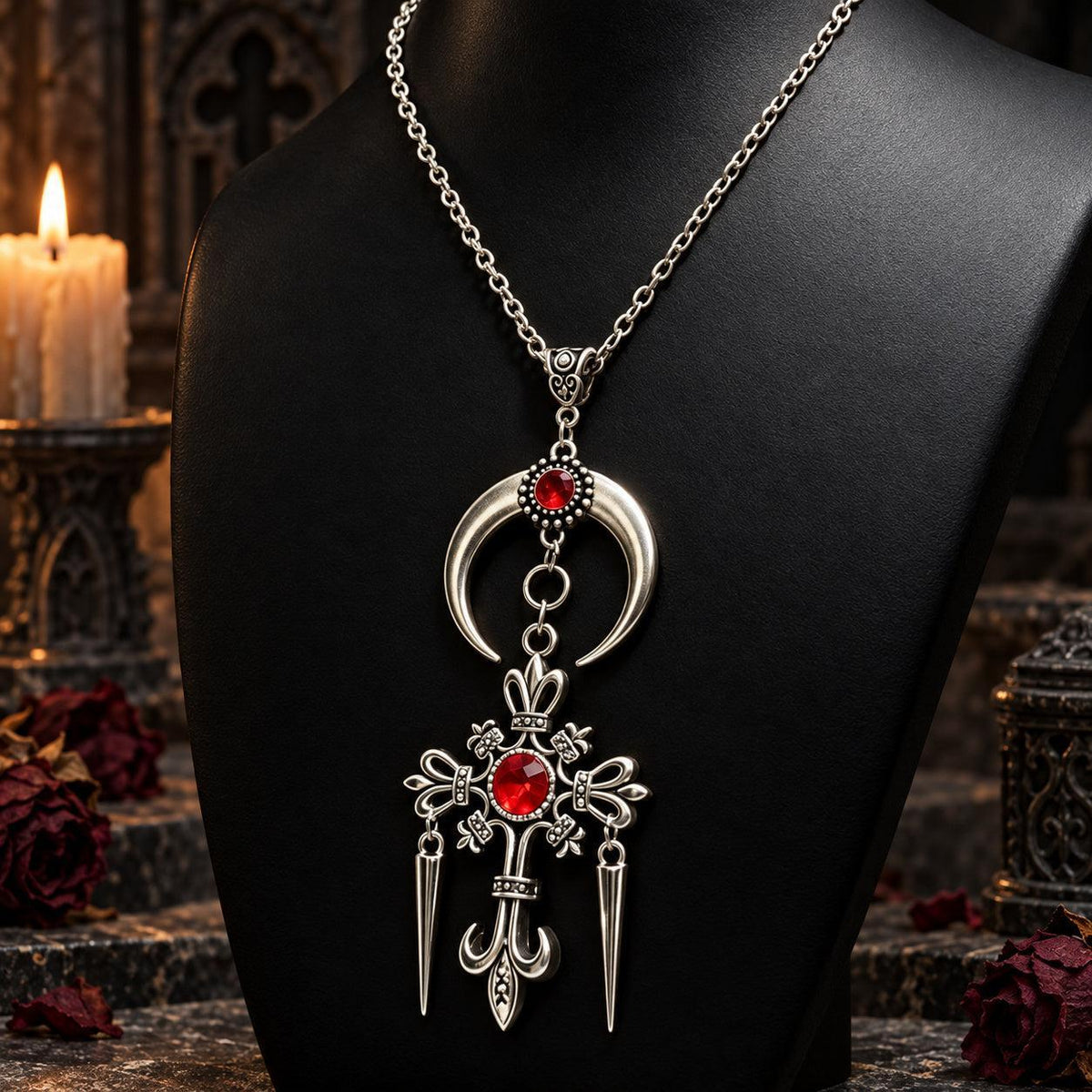 Gothic Crescent Moon Cross Necklace - Rhinestone Pendant Jewelry, dark witchy scene, view 3