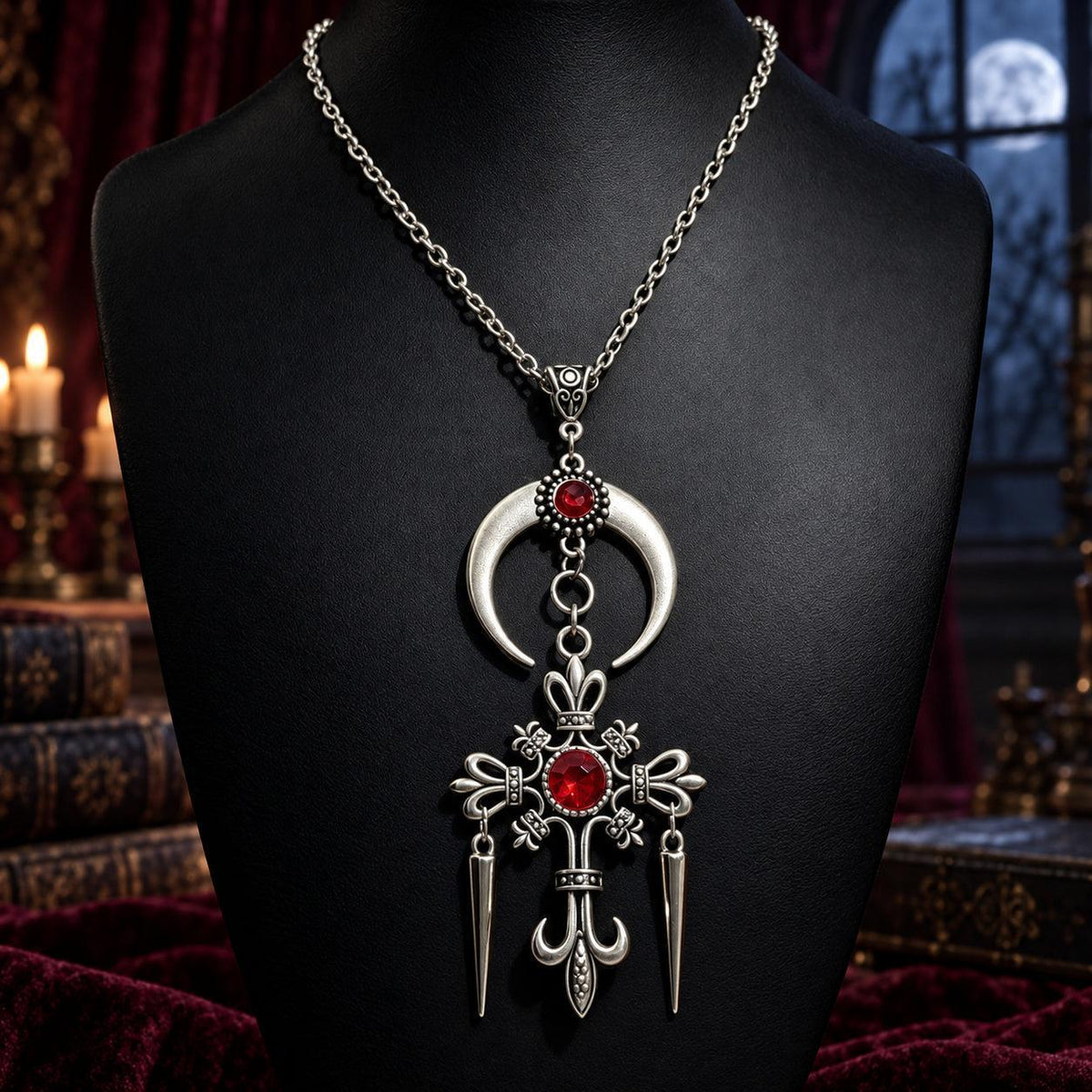 Gothic Crescent Moon Cross Necklace - Rhinestone Pendant Jewelry, dark witchy scene, view 4