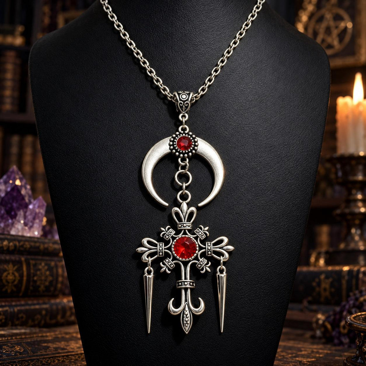 Gothic crescent moon cross necklace with red stones on black bust in candlelit witchy study