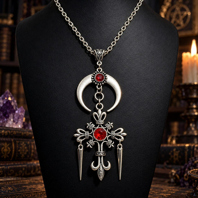 Gothic Crescent Moon Cross Necklace - Rhinestone Pendant Jewelry