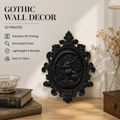 Styled gallery display: Gothic Crescent Moon Hare Wall Plaque, featuring a woodland hare, crescent moon, botanical relief and an ornate oval frame.