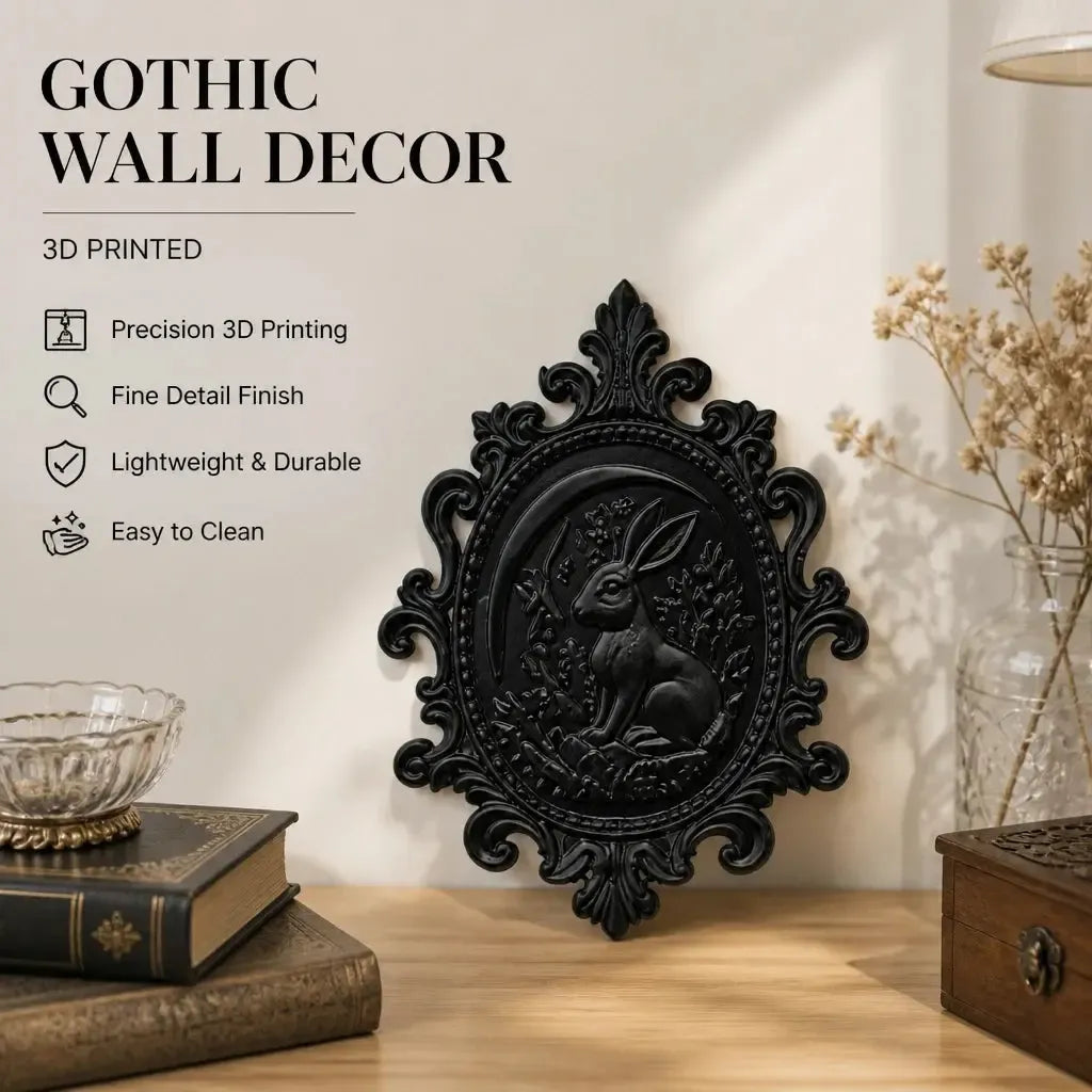 Styled gallery display: Gothic Crescent Moon Hare Wall Plaque, featuring a woodland hare, crescent moon, botanical relief and an ornate oval frame.