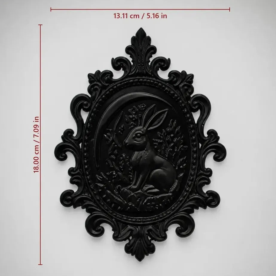 Plaque measurement diagram: Gothic Crescent Moon Hare Wall Plaque, featuring a woodland hare, crescent moon, botanical relief and an ornate oval frame.