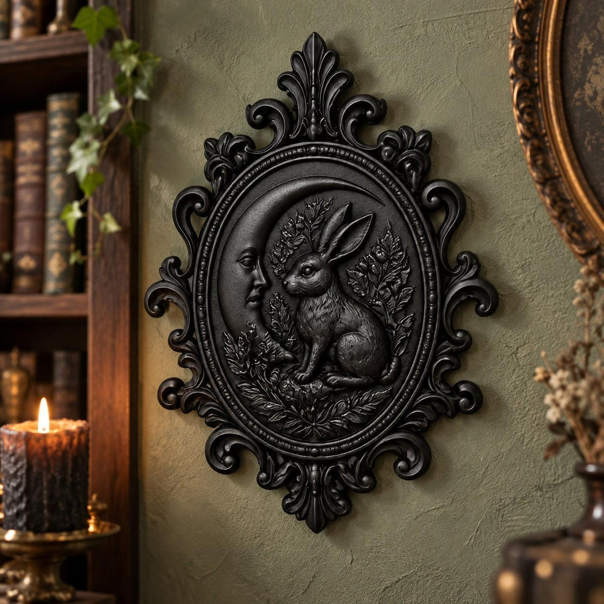 Angled view of oval frame: Gothic Crescent Moon Hare Wall Plaque, featuring a woodland hare, crescent moon, botanical relief and an ornate oval frame.