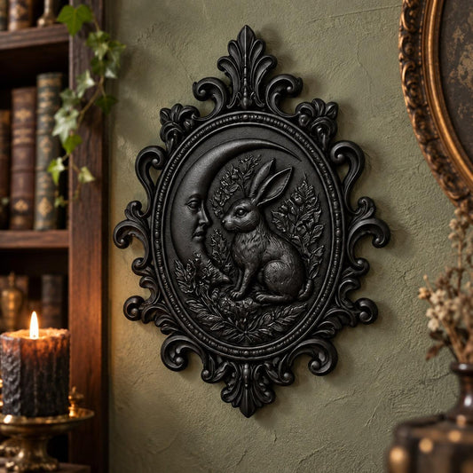Angled view of oval frame: Gothic Crescent Moon Hare Wall Plaque, featuring a woodland hare, crescent moon, botanical relief and an ornate oval frame.