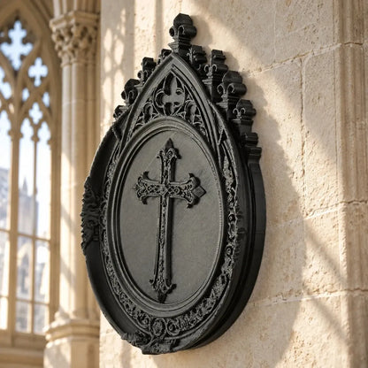 Cross wall plaque angled view showing cathedral-style border