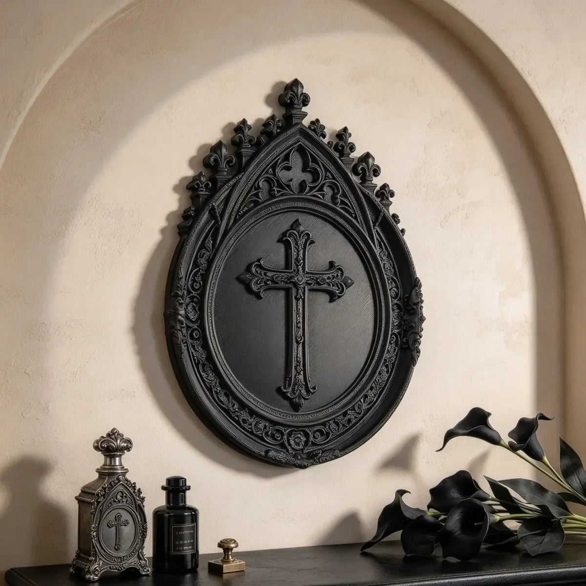 Gothic cross plaque side view showing raised relief