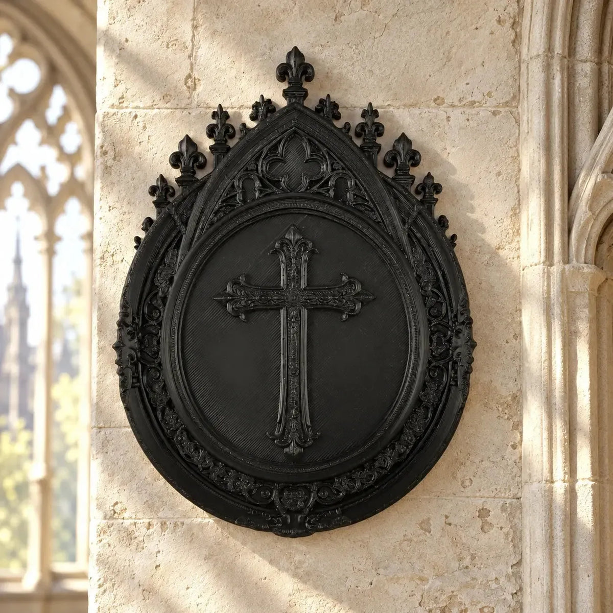 Gothic cross wall plaque front view with pointed ornate surround