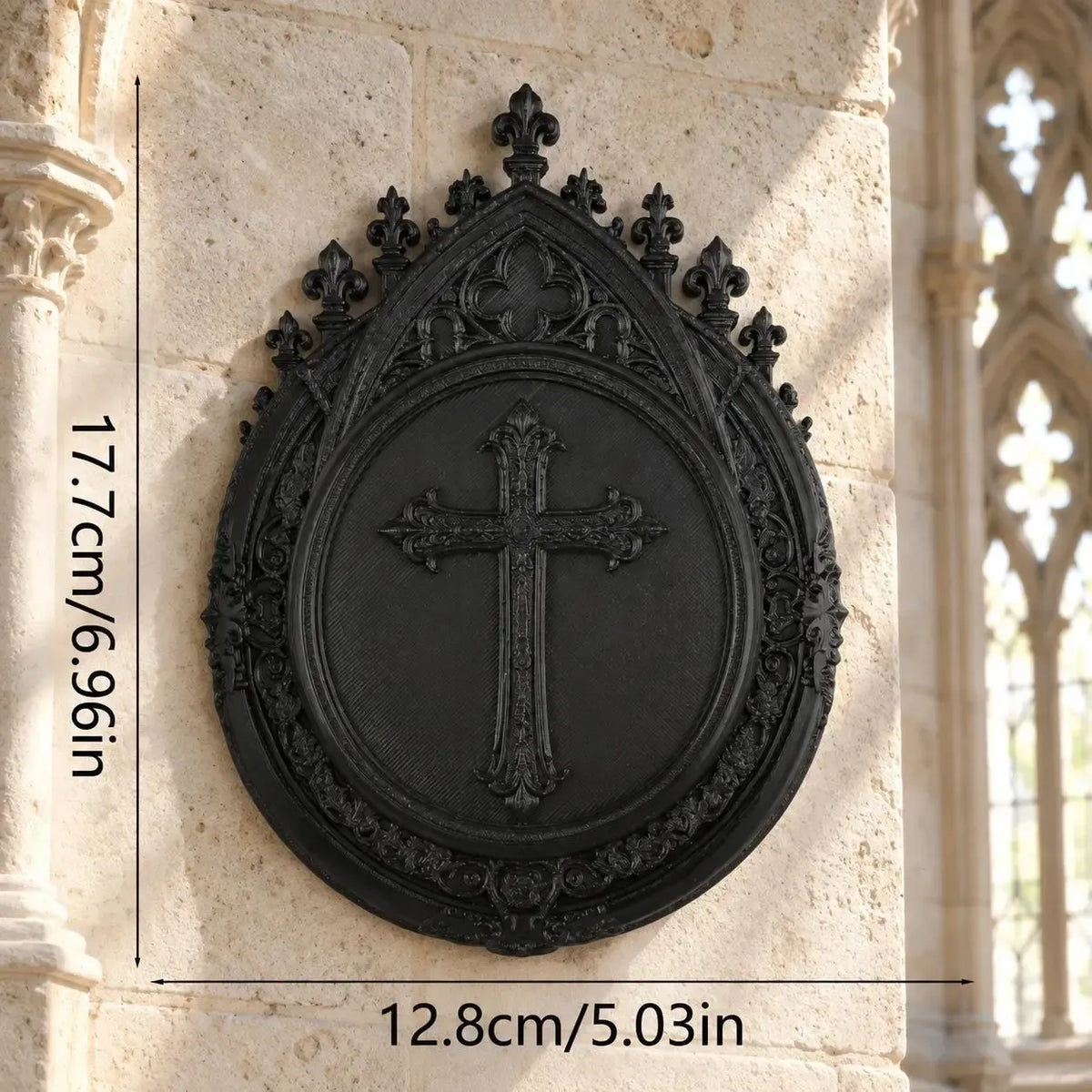 Cross wall plaque dimension diagram, 12.8 cm wide and 17.7 cm high