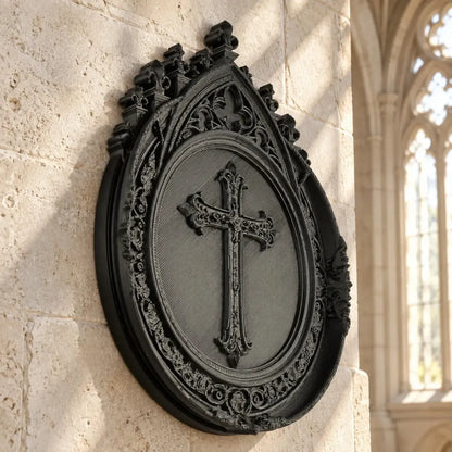 Gothic cross plaque side view showing raised relief