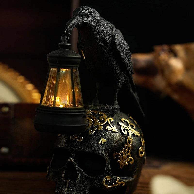 Gothic Crow Skull Night Light - Black Raven Table Lamp for Halloween Decor-MoonChildWorld