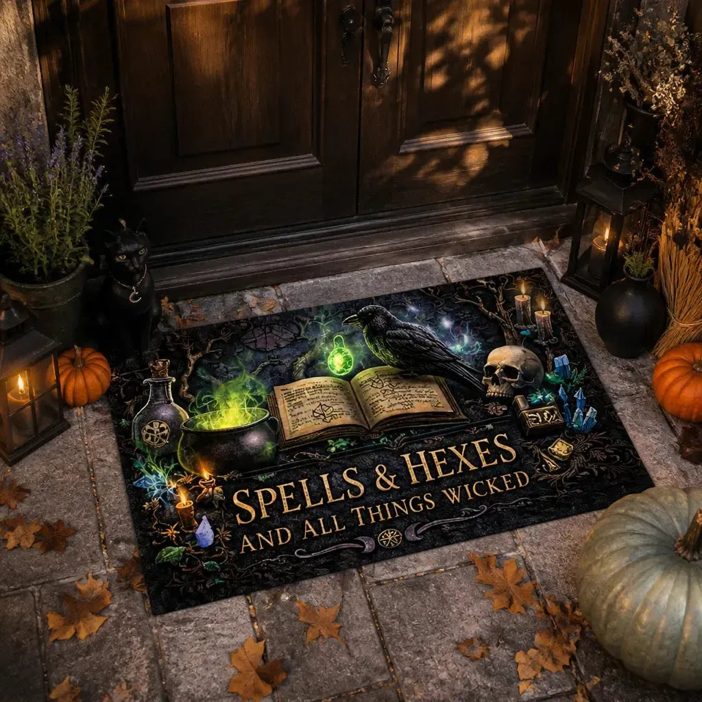 Gothic Crow & Skull Witch Doormat – Halloween Welcome Mat for Dark Aesthetic Decor_mockup_1.webp