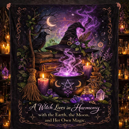 Dark purple gothic witchy blanket with a raven, witch hat, cauldron, broom, books, and crescent moon.