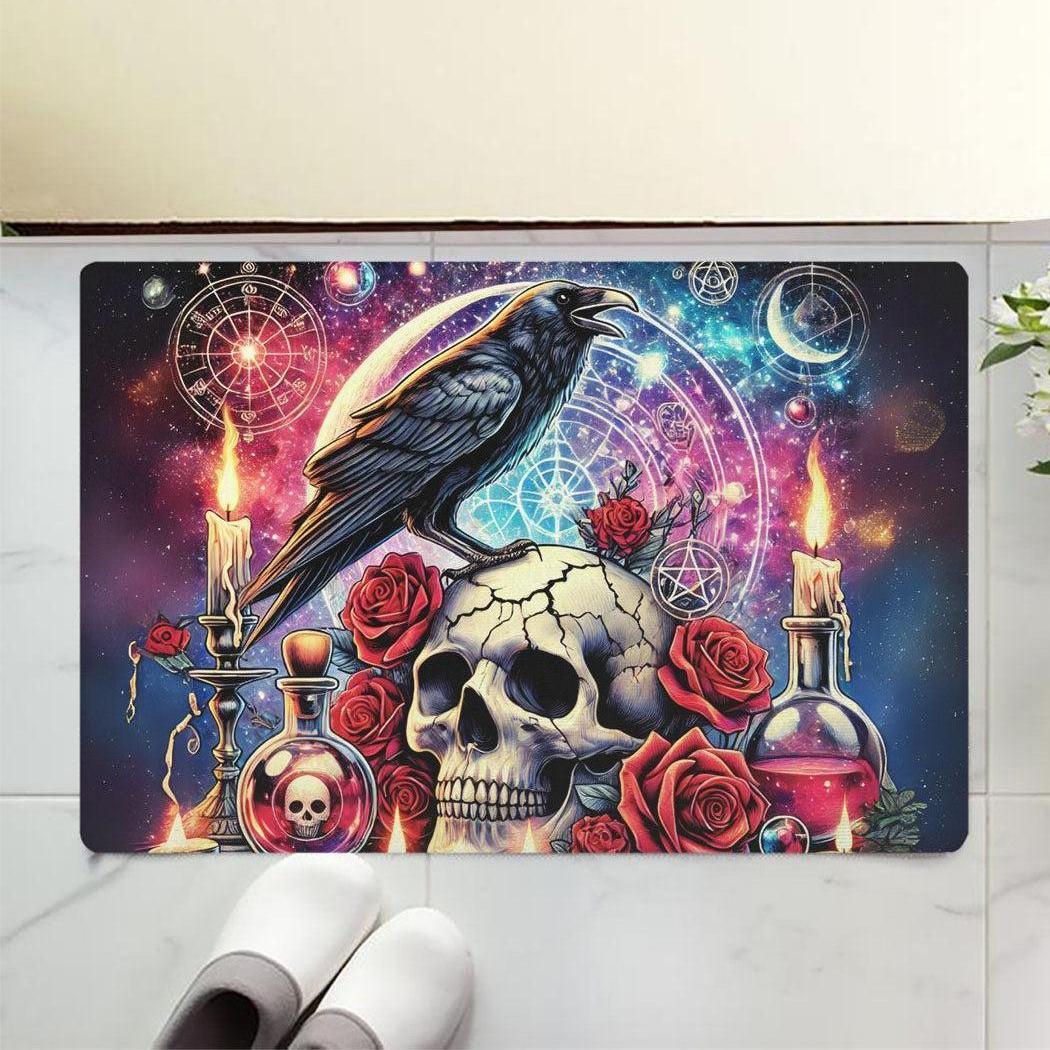 Gothic Crow and Skull Doormat Black Raven Witchcraft Doormat for Halloween-MoonChildWorld