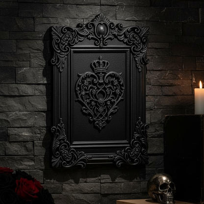 Gothic crown heart decorative wall frame – displayed on dark gothic stone wall, witchy home decor staging