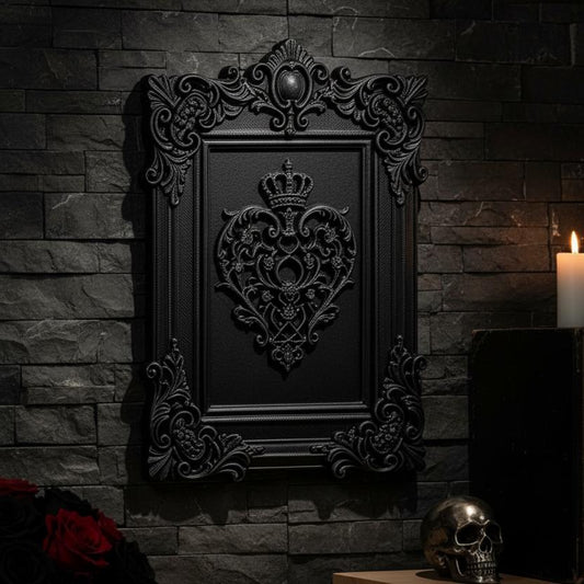 Gothic crown heart decorative wall frame – displayed on dark gothic stone wall, witchy home decor staging