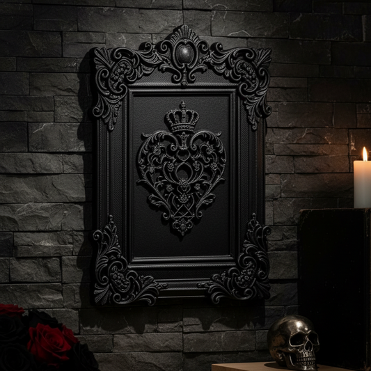 Gothic crown heart decorative wall frame – displayed on dark gothic stone wall, witchy home decor staging