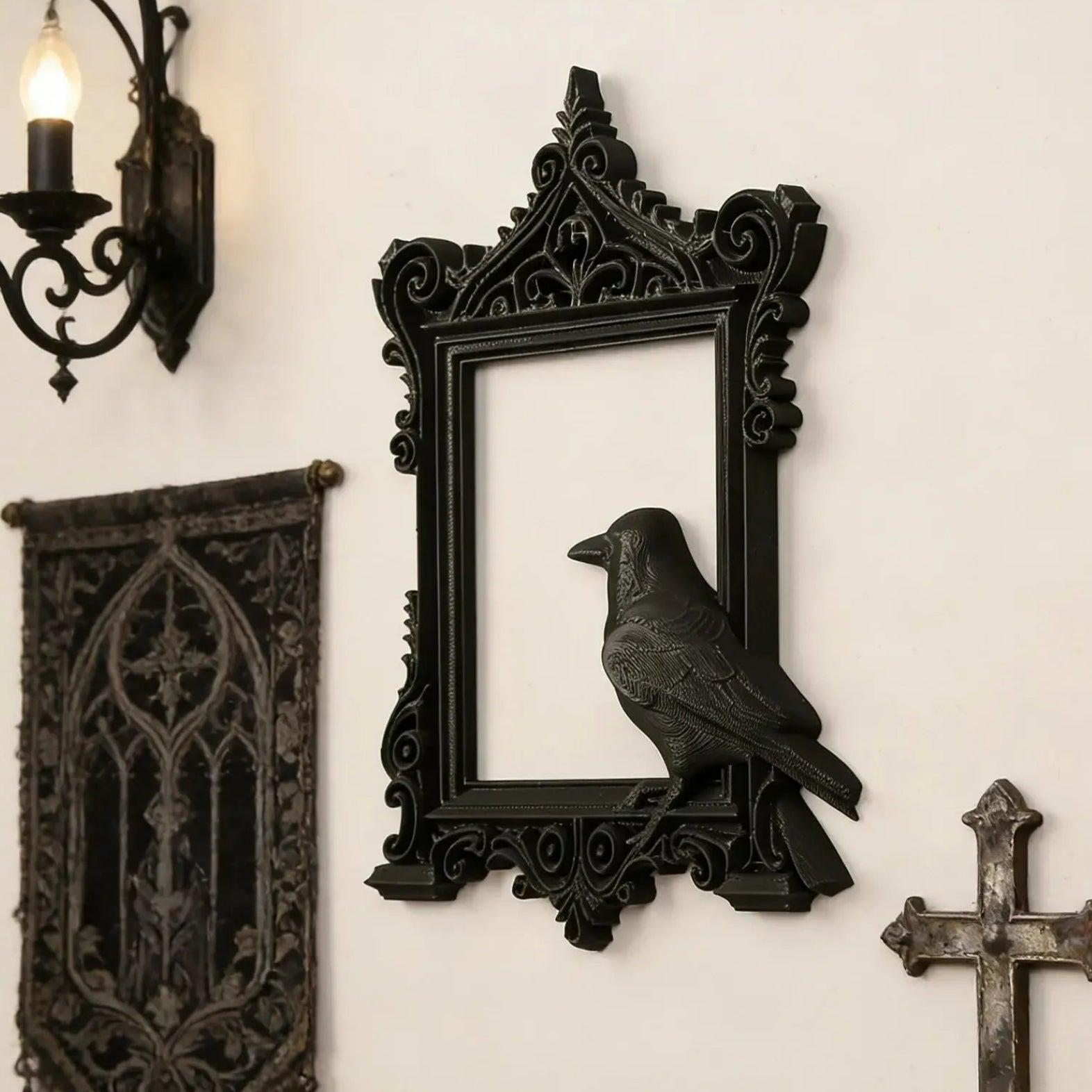 Gothic Dark Carved Crow Decorative Photo Frame - Witchy Black Raven Halloween Wall Decoration-MoonChildWorld