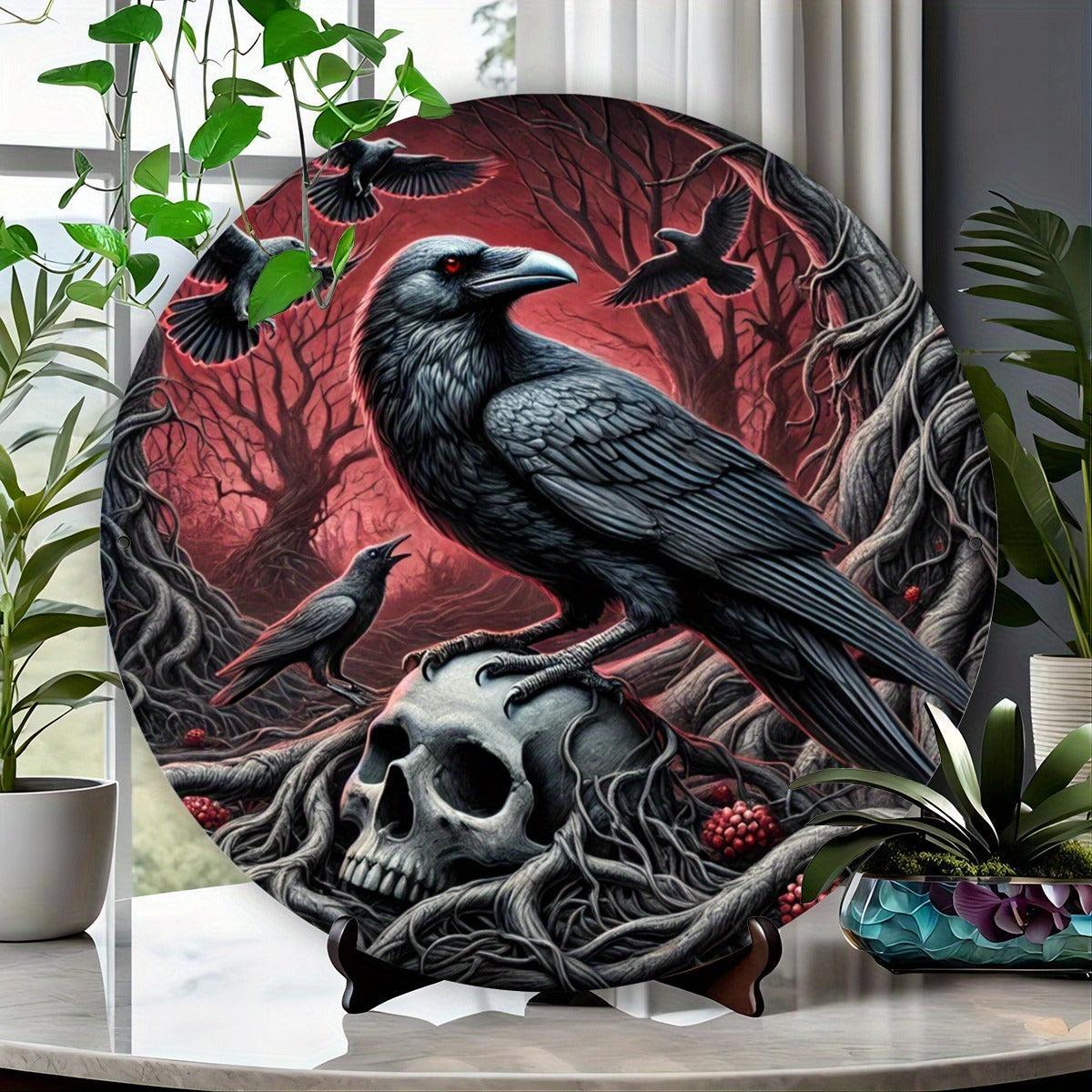Gothic Dark Crow Wall Art Witchy Raven Metal Sign for Halloween Decorations-MoonChildWorld