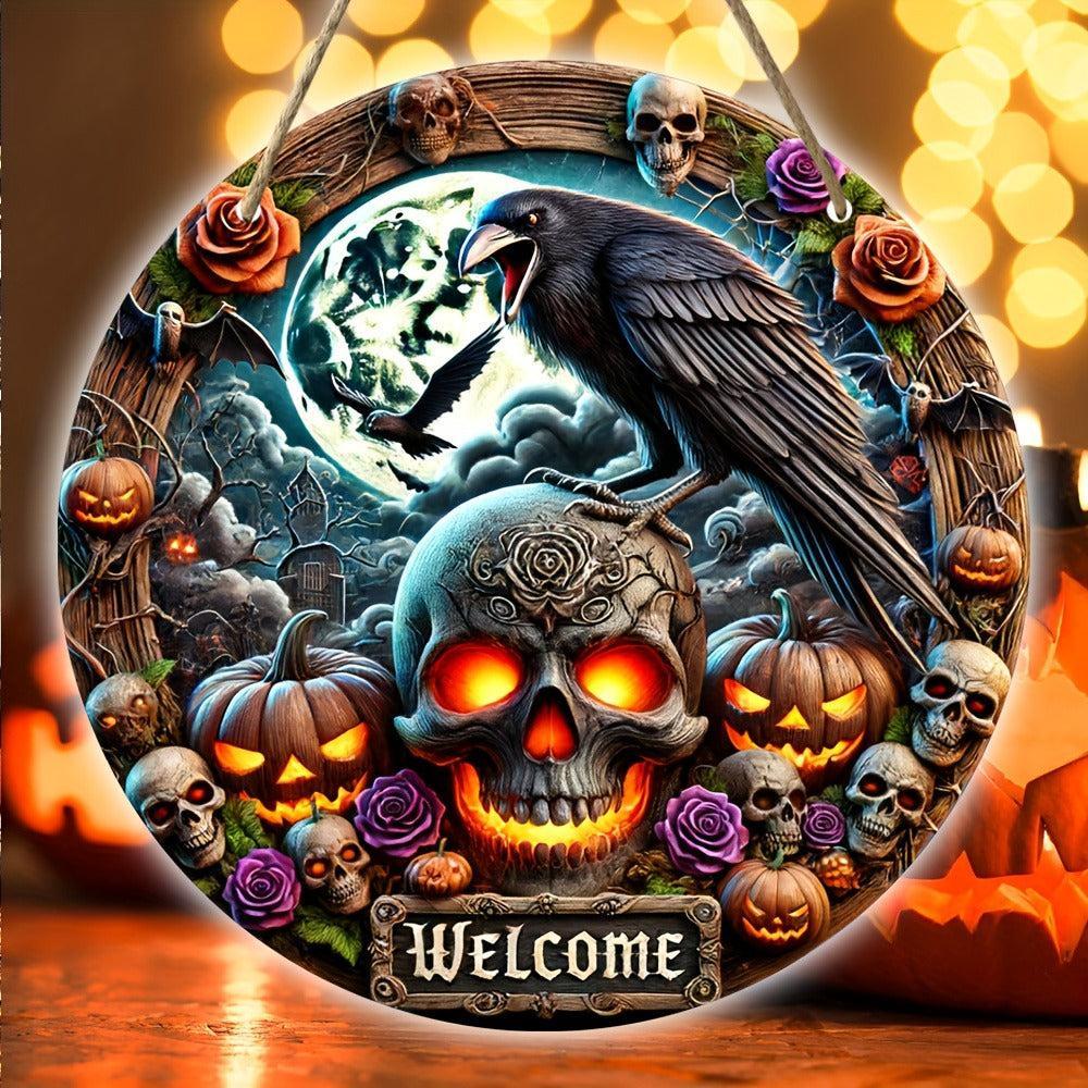 Gothic Dark Crow Wall Art Witchy Raven Metal Sign for Halloween Decorations-MoonChildWorld