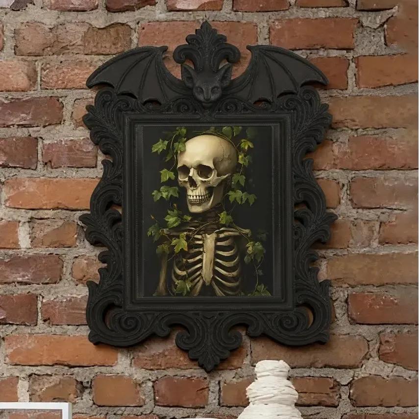 Gothic Dark Style Bat Carved Vine Skull Decorative Photo Frame For Halloween Wall Decor-MoonChildWorld