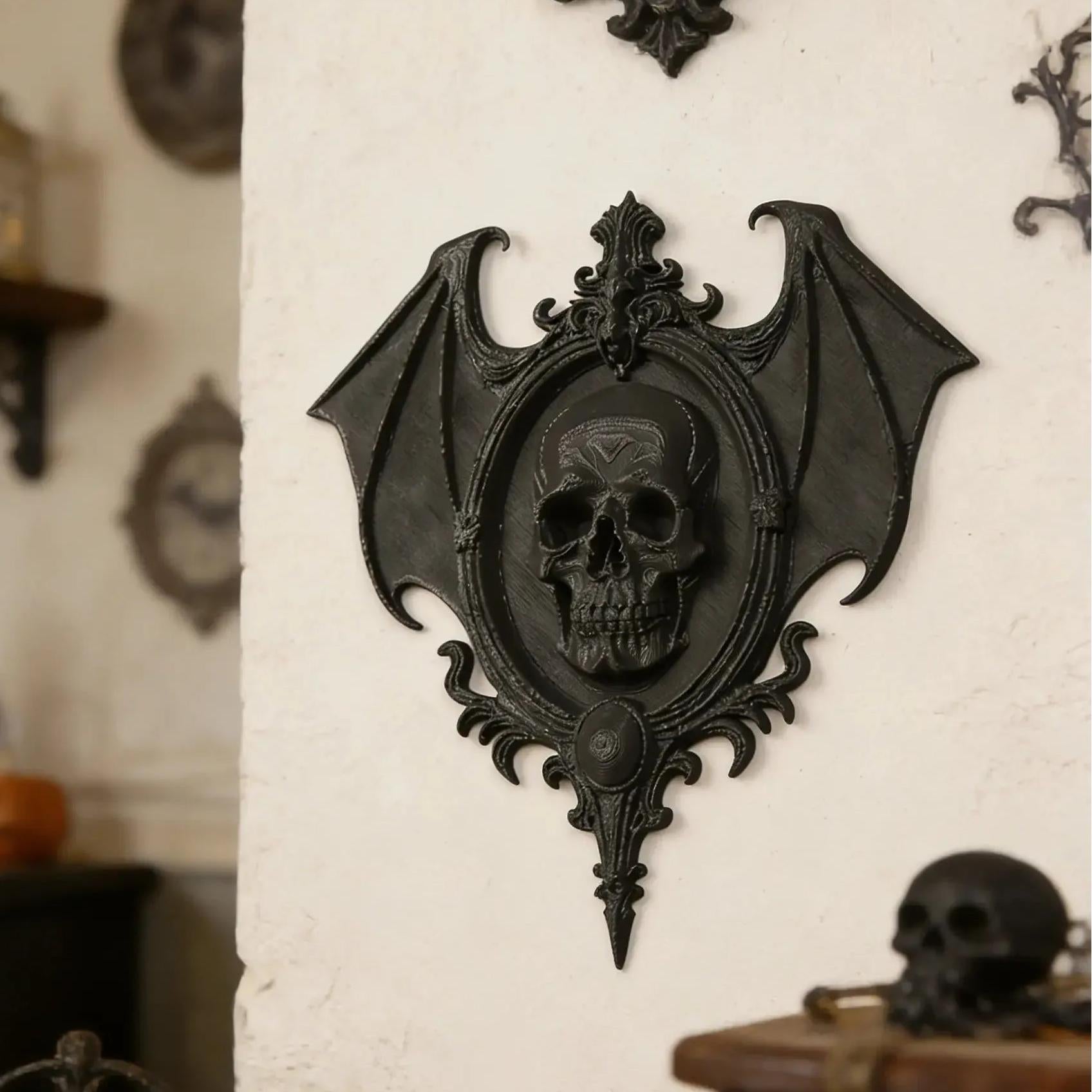 Gothic Dark Style Bat Wing & Skull Relief Decorative Frame For Witchy Halloween Wall Decoration-MoonChildWorld