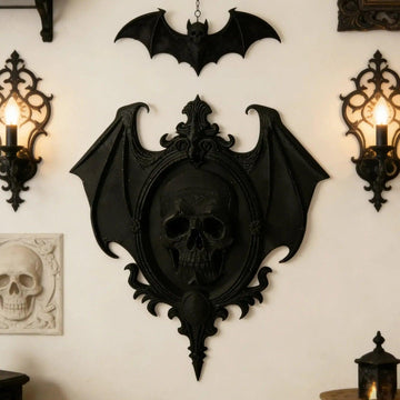 Gothic Dark Style Bat Wing & Skull Relief Decorative Frame For Witchy Halloween Wall Decoration-MoonChildWorld