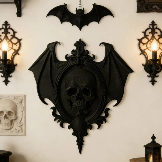 Gothic Dark Style Bat Wing & Skull Relief Decorative Frame For Witchy Halloween Wall Decoration-MoonChildWorld