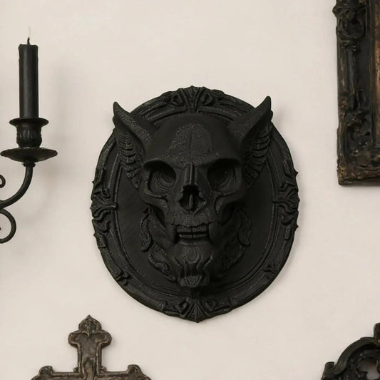 Gothic Dark Style Demon-Horned Skull Carved Oval Wall Decorative Ornament For Halloween Wall Decor-MoonChildWorld