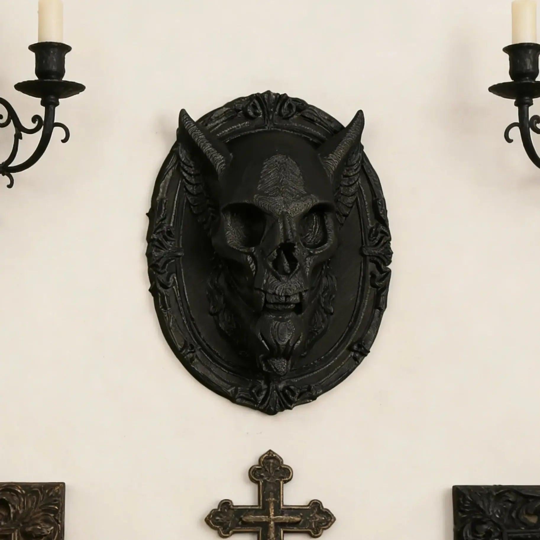 Gothic Dark Style Demon-Horned Skull Carved Oval Wall Decorative Ornament For Halloween Wall Decor-MoonChildWorld