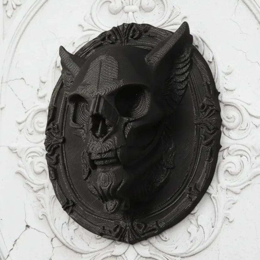 Gothic Dark Style Demon-Horned Skull Carved Oval Wall Decorative Ornament For Halloween Wall Decor-MoonChildWorld